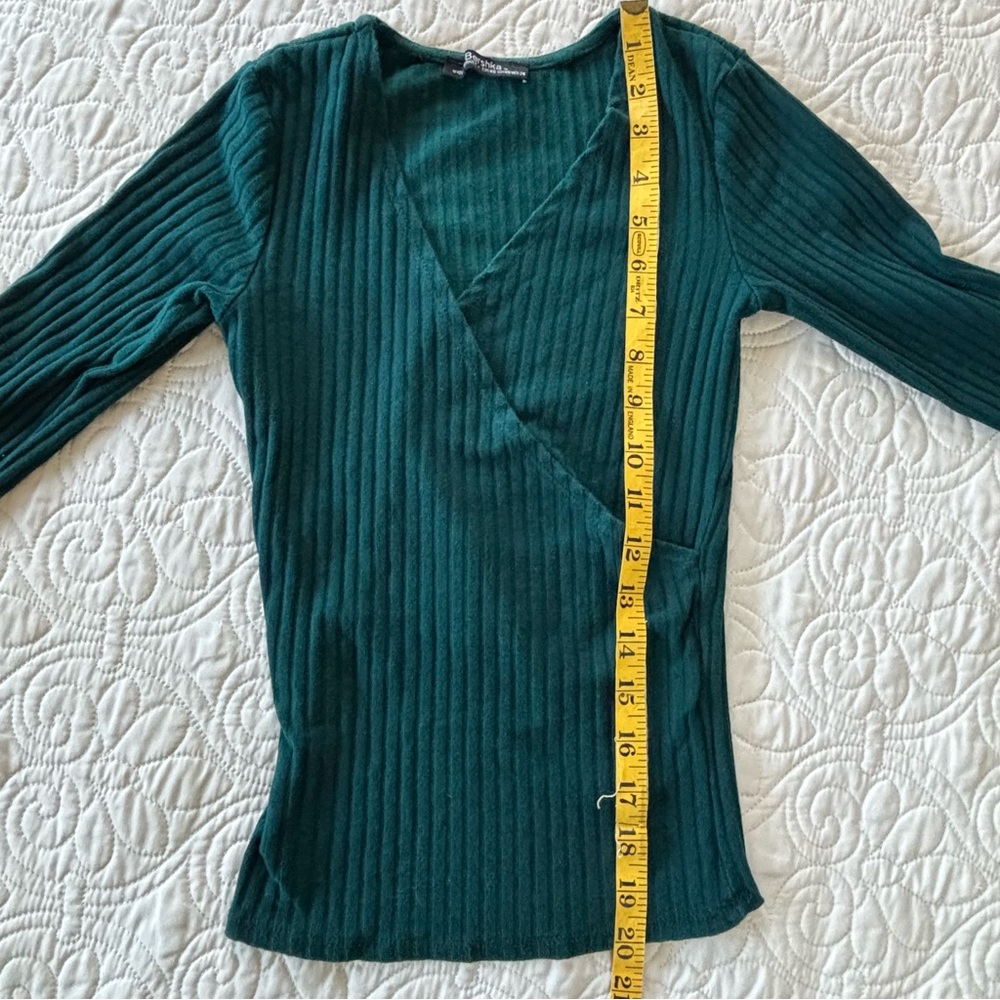 Bershka Forest Green Ribbed Wrap-Front Top - Picture 8 of 10